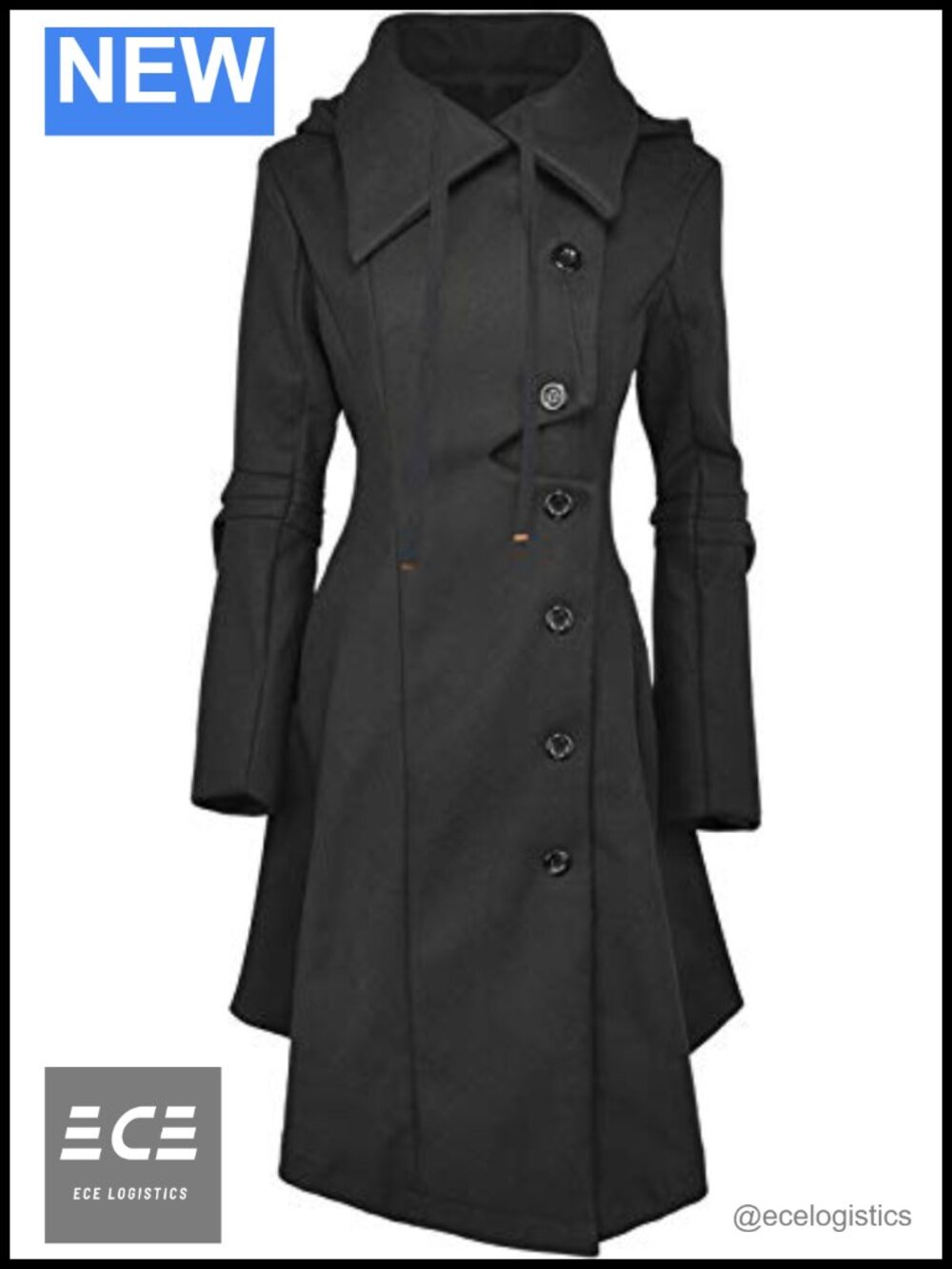 Long Trench Pea Coat Hooded Winter Button Front Slim Fit